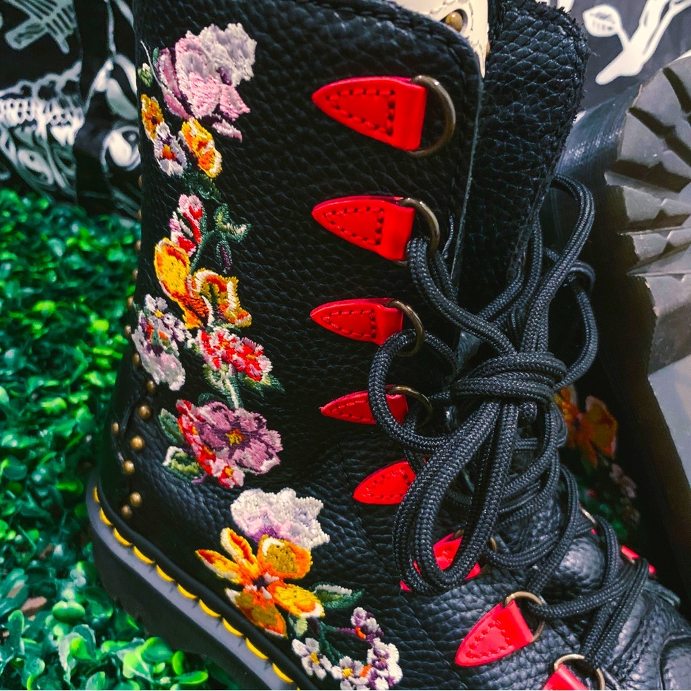 EXCLUSIVE Dr. Marten Nyberg Black Leather Rose Embroidered Skull Platform Boots